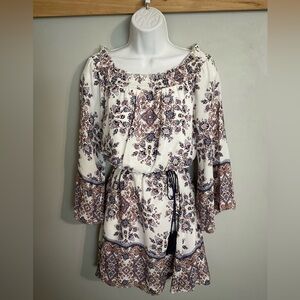 Bailey Blue Smocked Collar On/Off Shoulder Floral Dress with Tasseled Belt-Mediu